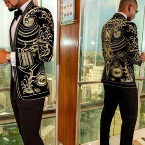 Men’s Velvet Embroidered Slim Fit Open Blazer